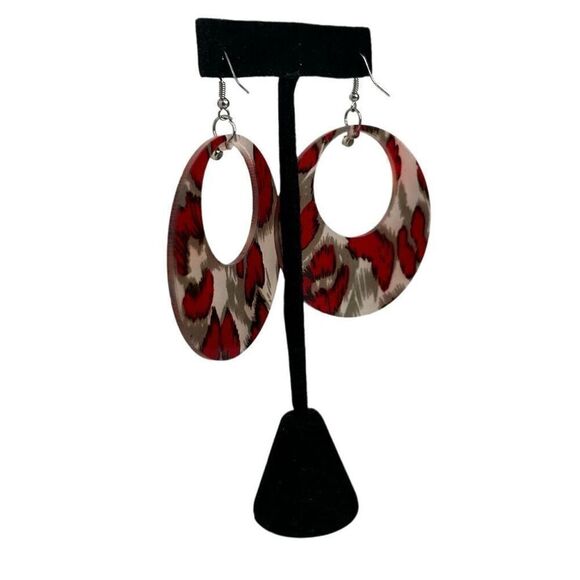 Vtg Dangle Earrings Women's 3 1/4" Red Gray Circle Acrylic Animal Print Pierced - Picture 4 of 7